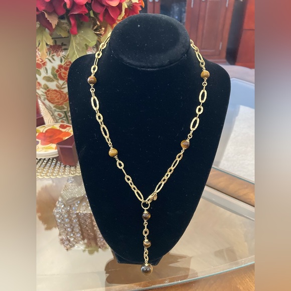 Jewelry - Pre-Loved Italian Textured Gold Plated Lariat Necklace With Tiger’s Eye Beads